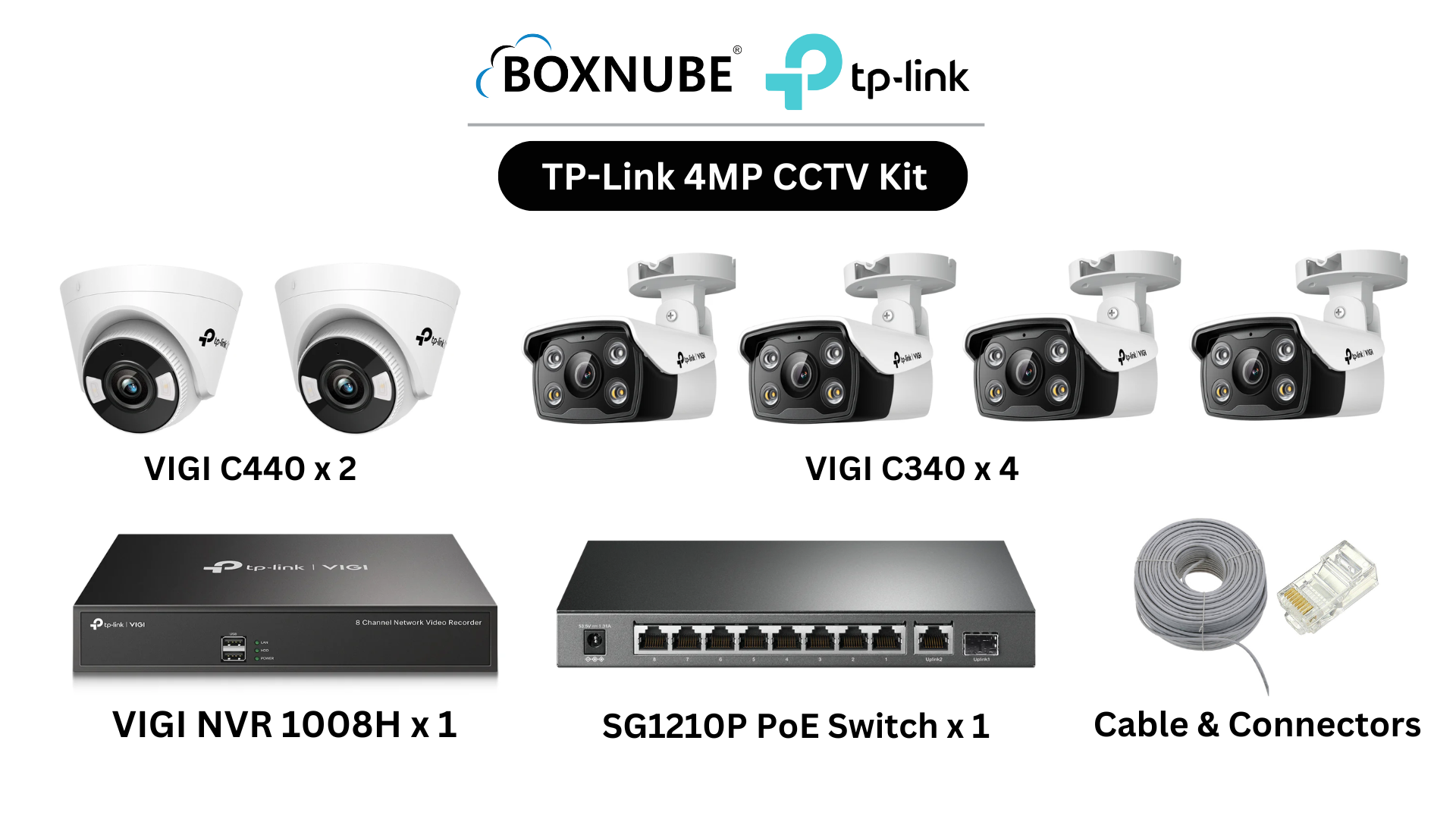 TP-Link VIGI 4MP 6 Camera Kit Bundle, 4 x VIGI C340 Bullet, 2 x VIGI C440 Turret, 8 Channel NVR, 8 Port PoE Gigabit Switch, 100M CAT6 Cable, RJ45 Plug TP-Link VIGI 4MP 6 Camera Kit Bundle, 4 x VIGI C340 Bullet, 2 x VIGI C440 Turret, 8 Channel NVR, 8 Port PoE Gigabit Switch, 100M CAT6 Cable, RJ45 Plug